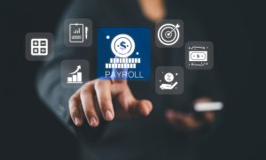 Payroll business finance concept, Businessman touching virtual Payroll icon for report financial information and do payroll, Financial, accounting.